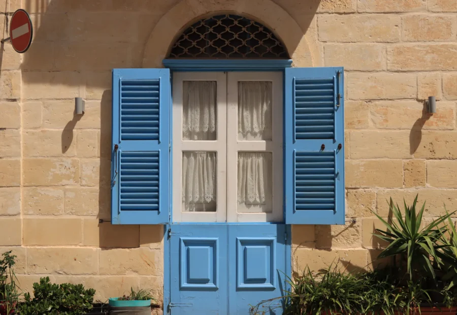 Puerta y contraventanas azules en una fachada de piedra con plantas.