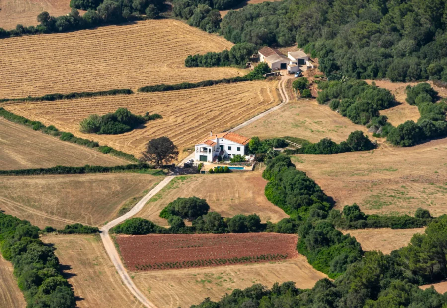 Vista aérea de campos de cultivo y viviendas rodeadas de árboles.